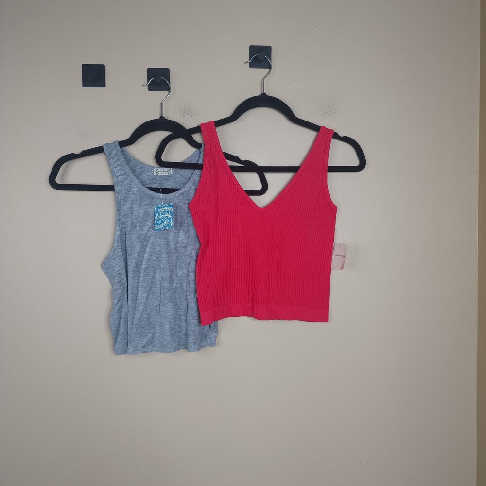 Free People Bundle of Two Rib Brami and High Neck Crop Tank in Cherry/Grey M/L